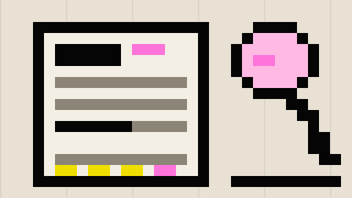 Pixel-art resume under a magnifier with a score row